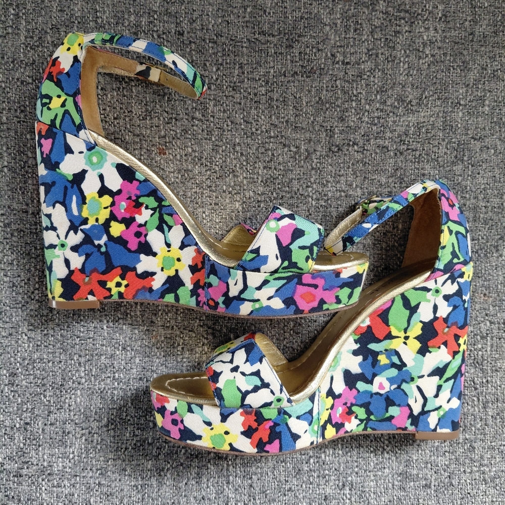 Kate Spade Floral Multicolor Dabney Wedge Heel Ankle Strap Sandals Size 7